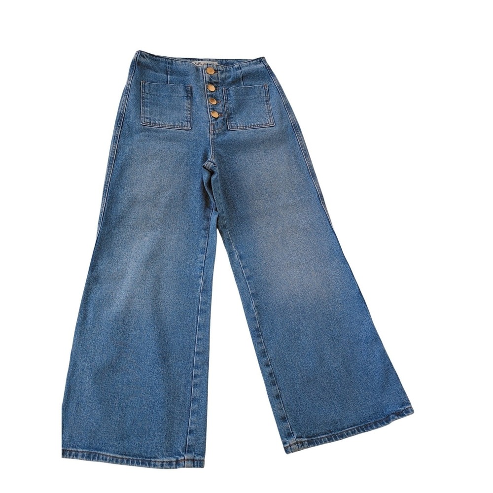 ZARA Super High Rise 13" Wide Leg Jeans Blue Patch Pocket Button Fly 4 W26x25 - Picture 2 of 12